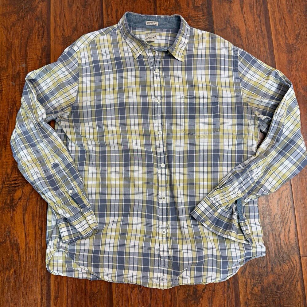 J. CREW Mens Shirt XL Blue Neutral Plaid Madras 100% Cotton Long Sleeve